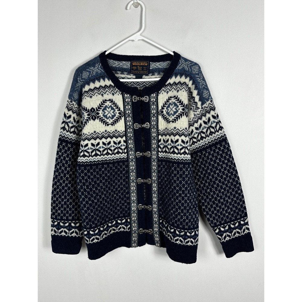 Vintage 90s Woolrich 100% Wool Cardigan Sweater Knit Womens Sz Small Blue Nordic